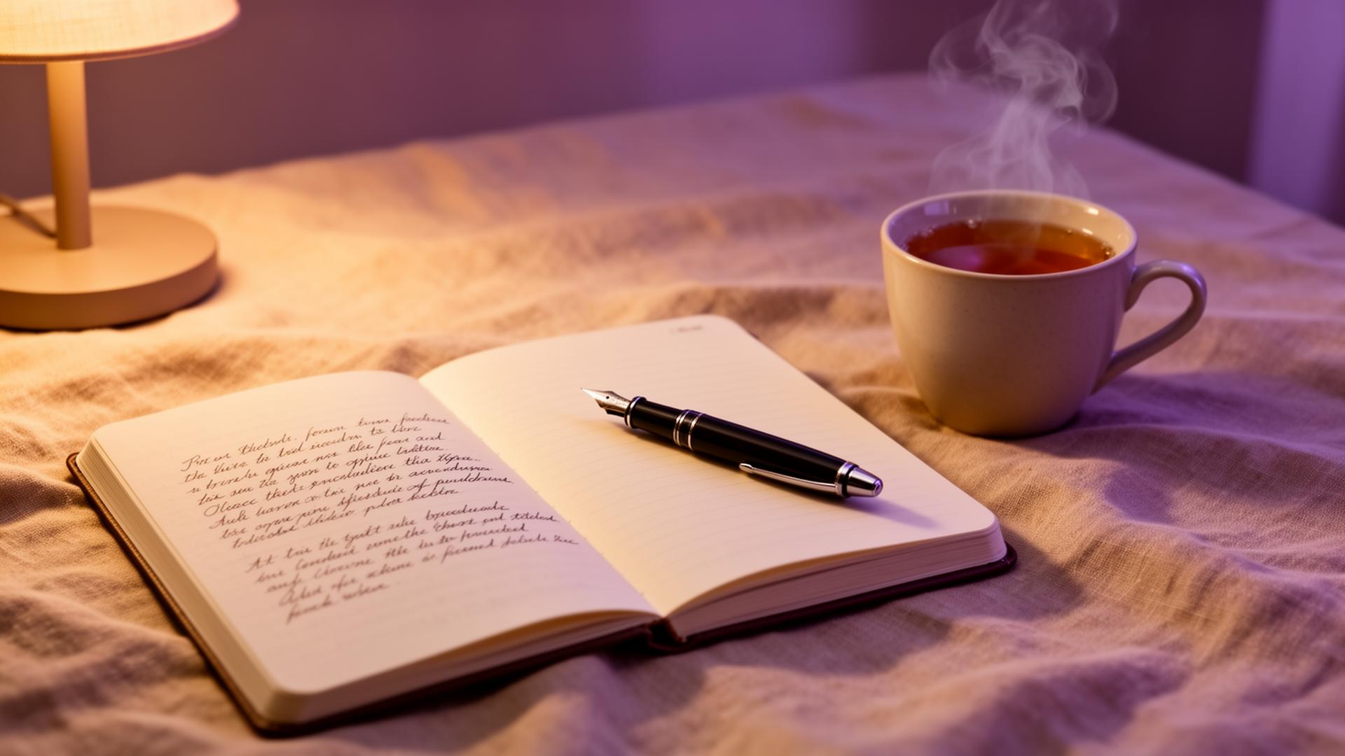 Aufgeschlagenes Notizbuch mit Füllfeder und Tee im warmen Abendlicht